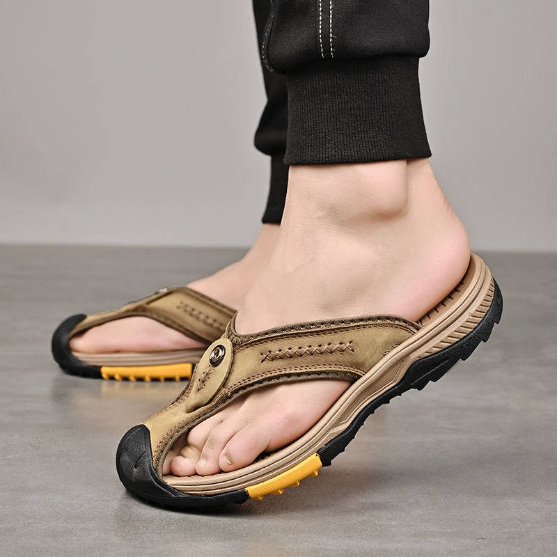 Men's Flip Flops Closed Toe Water Resistant Leather Sandals Non Slip Rubber Sole