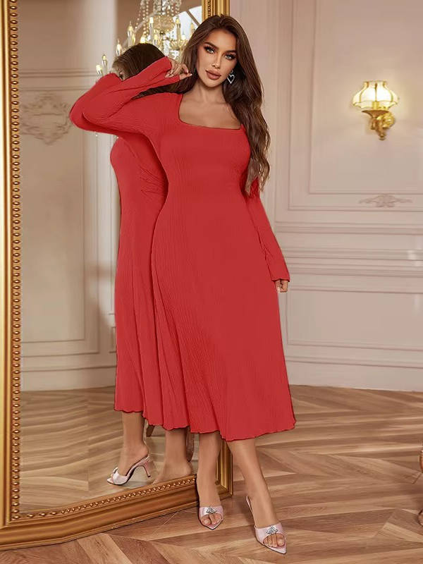 Square Neck Ribbed Knit Maxi Dress with Flounce Sleeves and Adjustable Tie Back