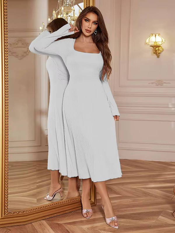 Square Neck Ribbed Knit Maxi Dress with Flounce Sleeves and Adjustable Tie Back