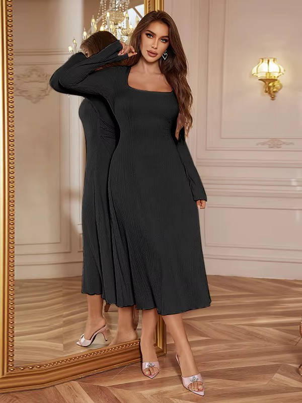Square Neck Ribbed Knit Maxi Dress with Flounce Sleeves and Adjustable Tie Back