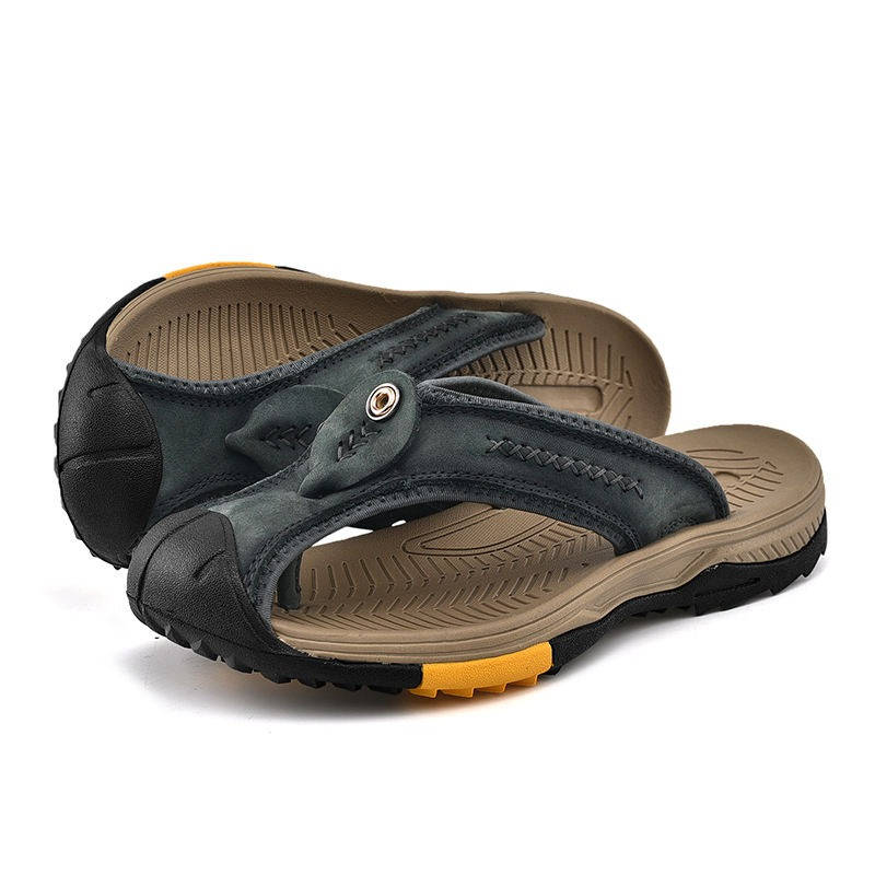 Men's Flip Flops Closed Toe Water Resistant Leather Sandals Non Slip Rubber Sole