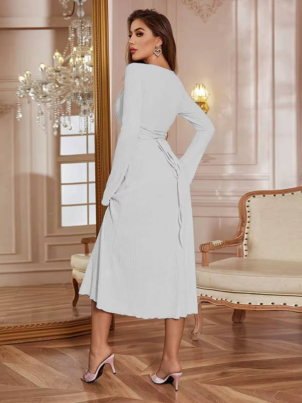 Square Neck Ribbed Knit Maxi Dress with Flounce Sleeves and Adjustable Tie Back