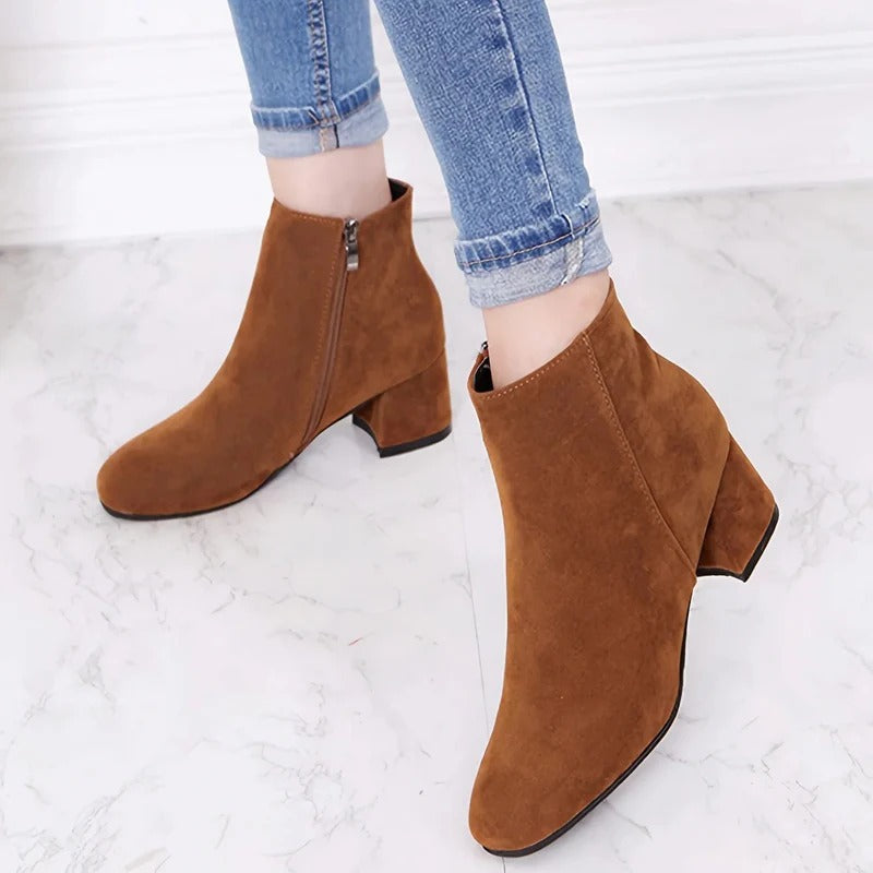 Women's Ankle Boots Suede Block Heel Side Zip Closure Versatile Casual