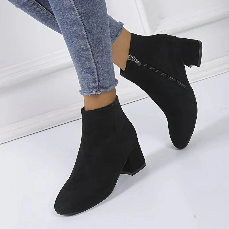 Women's Ankle Boots Suede Block Heel Side Zip Closure Versatile Casual
