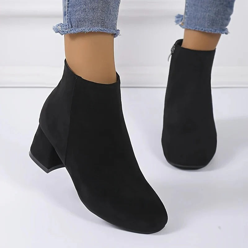 Women's Ankle Boots Suede Block Heel Side Zip Closure Versatile Casual