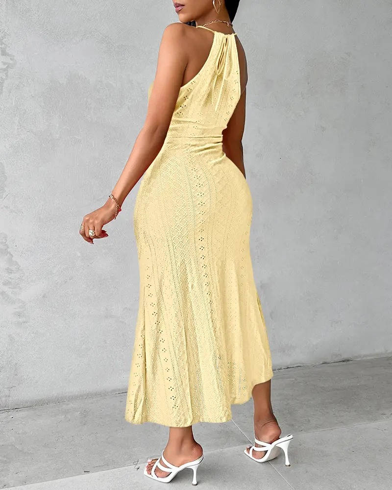 Halter Neck Hollow Out Maxi Dress Sleeveless A-Line Wedding Guest Gown with Slit