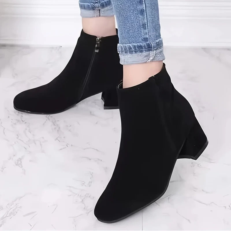 Women's Ankle Boots Suede Block Heel Side Zip Closure Versatile Casual