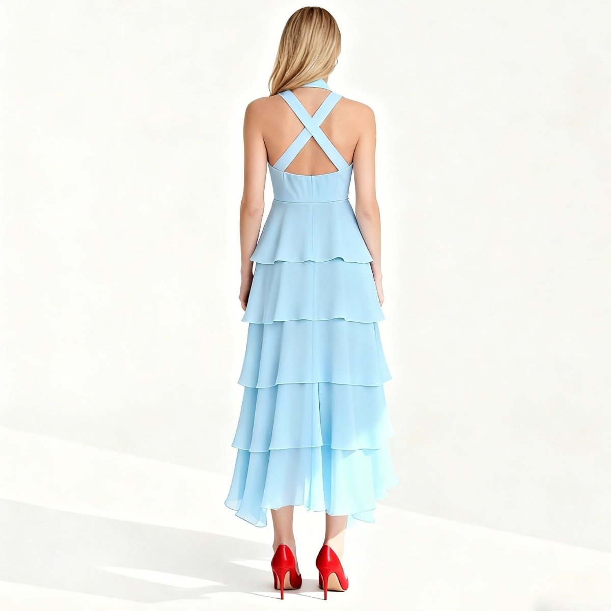 Halter Neck Tiered Maxi Dress Chiffon Sleeveless Rosette Detail Wedding Guest Dress