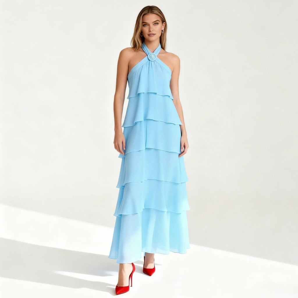 Halter Neck Tiered Maxi Dress Chiffon Sleeveless Rosette Detail Wedding Guest Dress