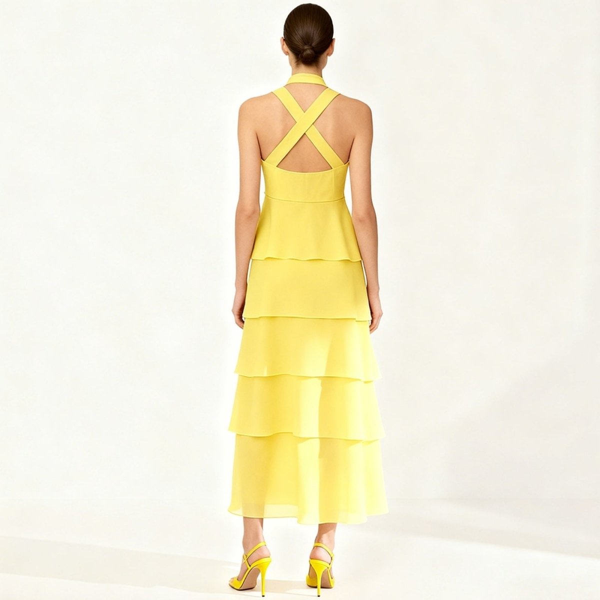 Halter Neck Tiered Maxi Dress Chiffon Sleeveless Rosette Detail Wedding Guest Dress