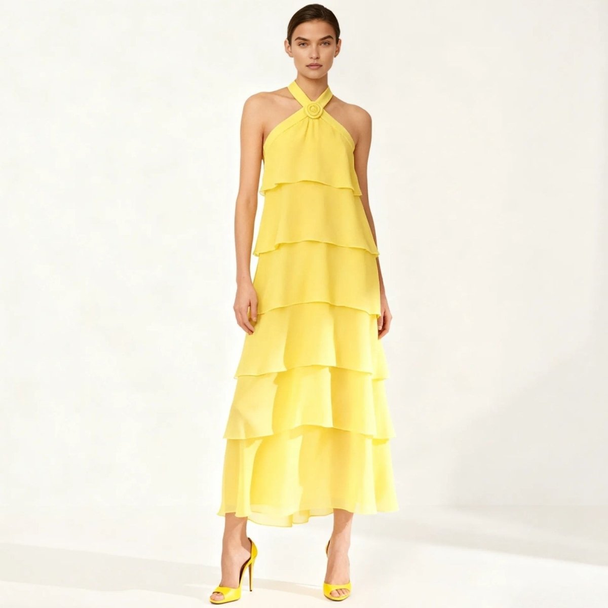 Halter Neck Tiered Maxi Dress Chiffon Sleeveless Rosette Detail Wedding Guest Dress