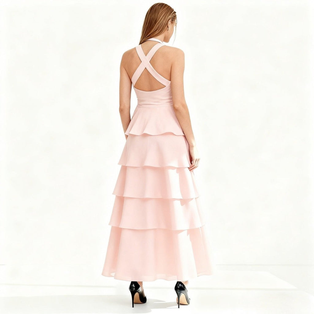 Halter Neck Tiered Maxi Dress Chiffon Sleeveless Rosette Detail Wedding Guest Dress
