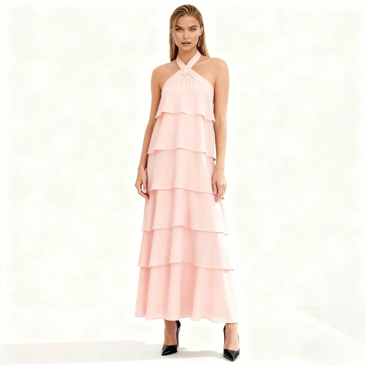 Halter Neck Tiered Maxi Dress Chiffon Sleeveless Rosette Detail Wedding Guest Dress