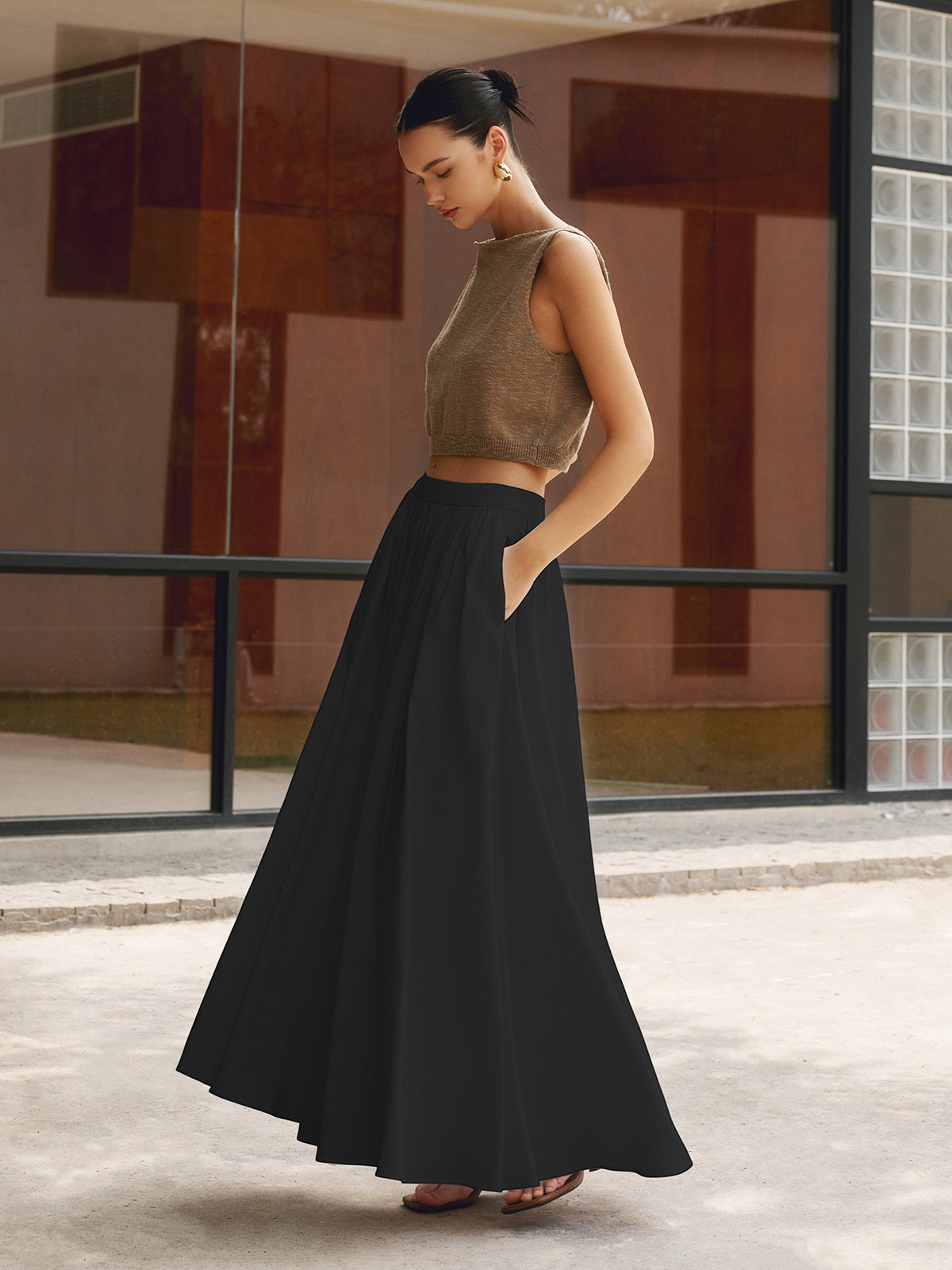 Women's A-line maxi skirt set with high waist and pleats — vacation
