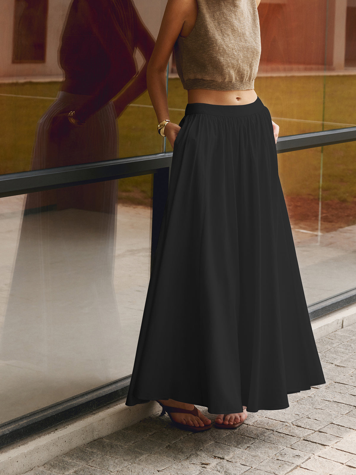 Women's A-line maxi skirt set with high waist and pleats — vacation
