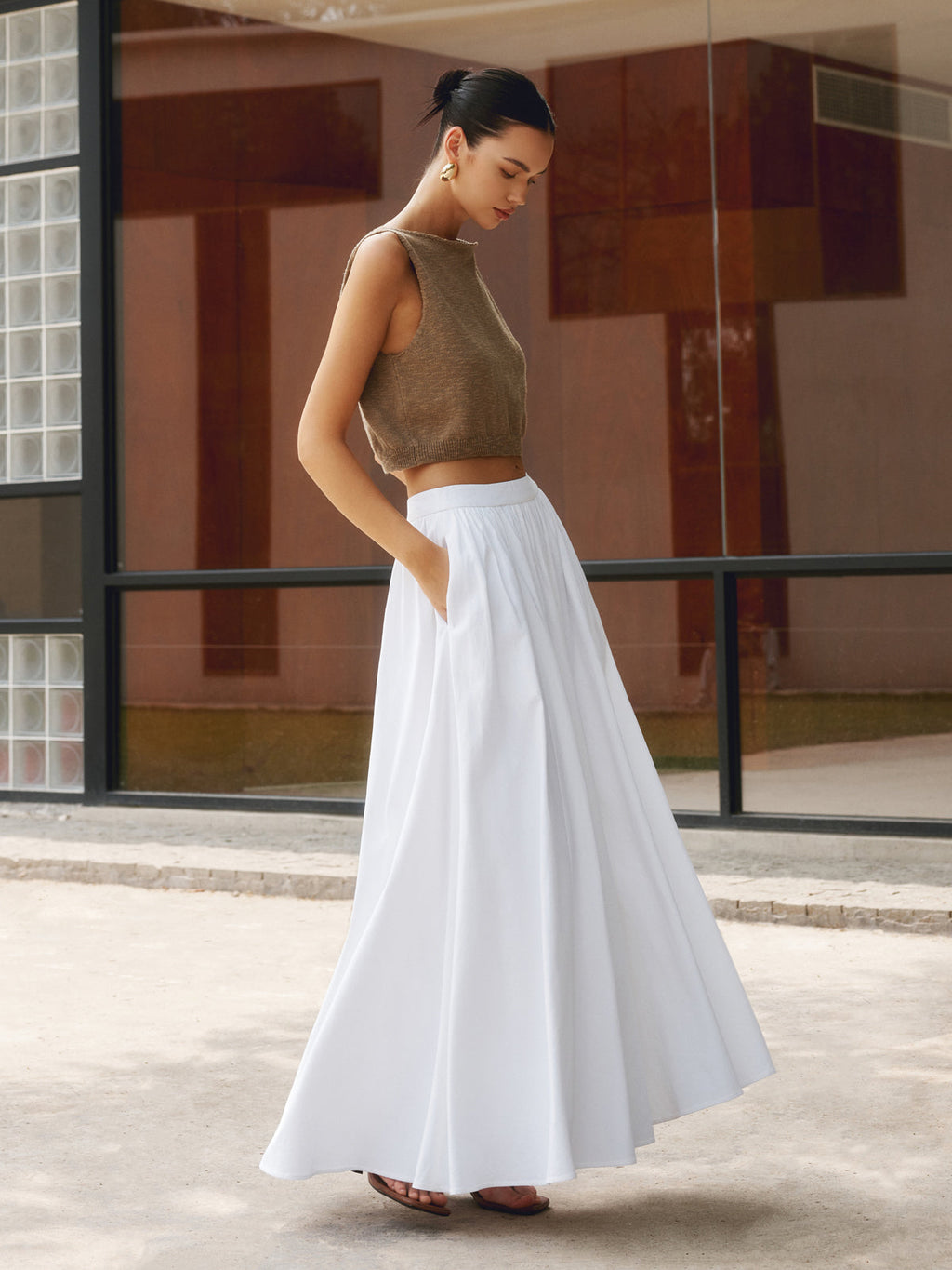 Women's A-line maxi skirt set with high waist and pleats — vacation