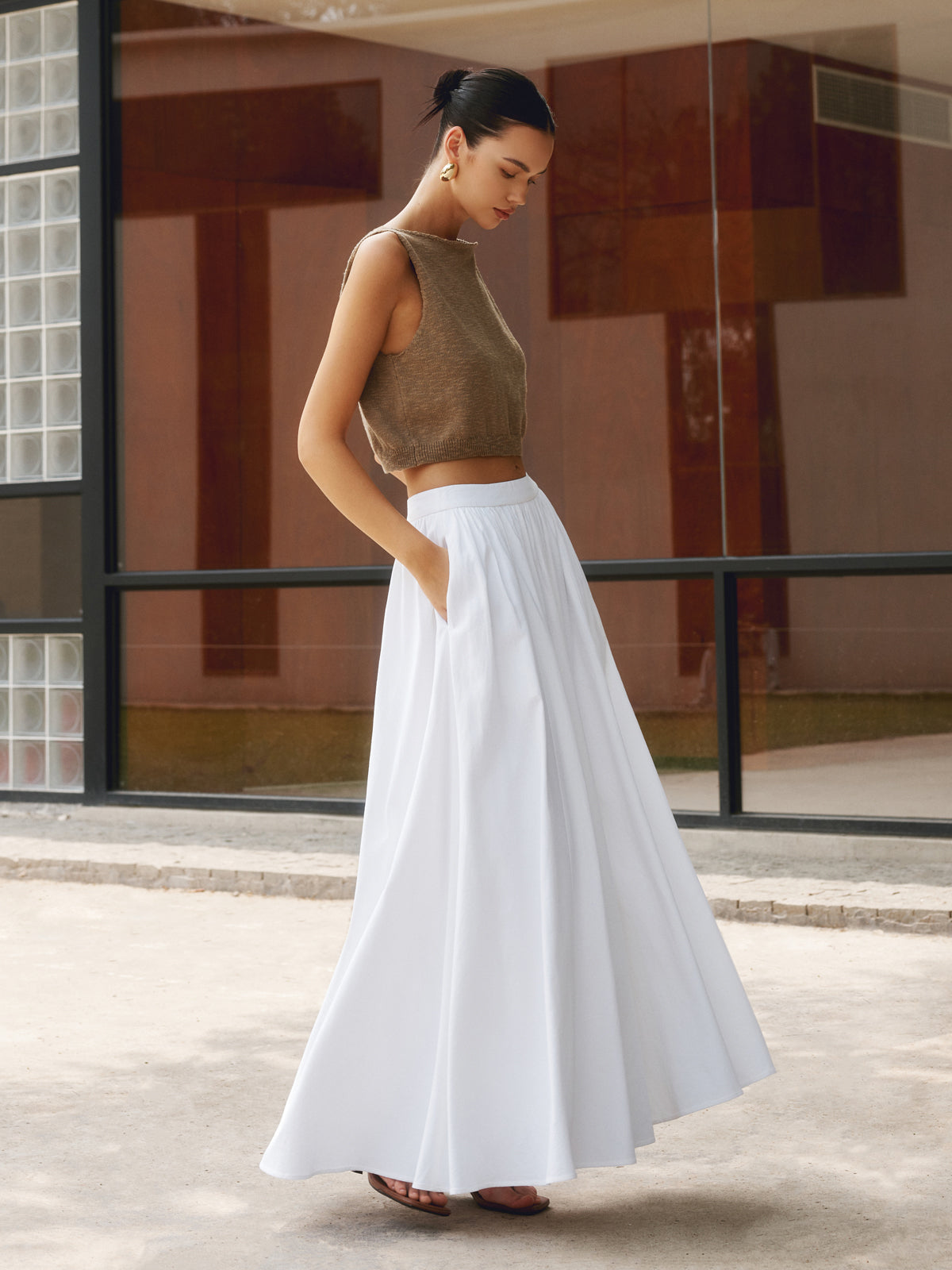 Women's A-line maxi skirt set with high waist and pleats — vacation