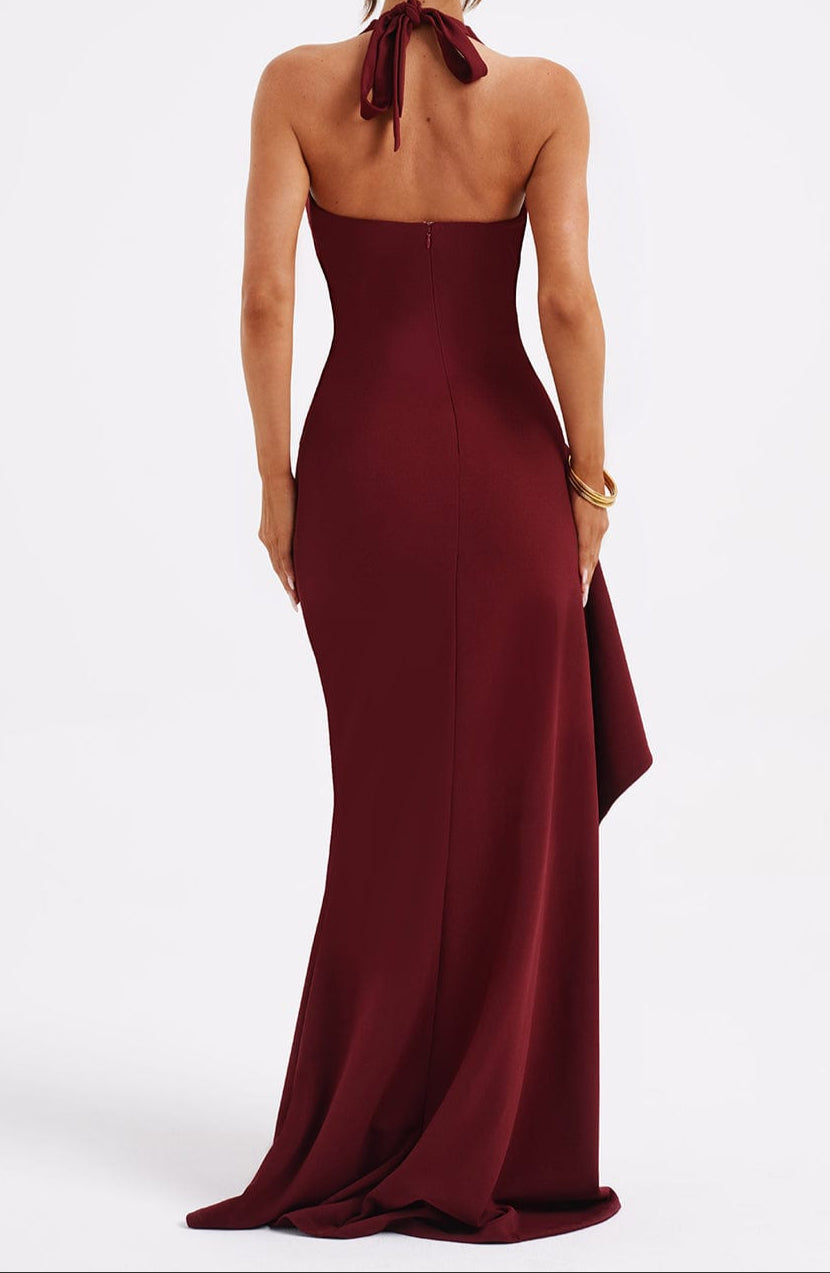 Halter Neck Maxi Dress Deep V-Neck Backless Front Split Evening Party Dress