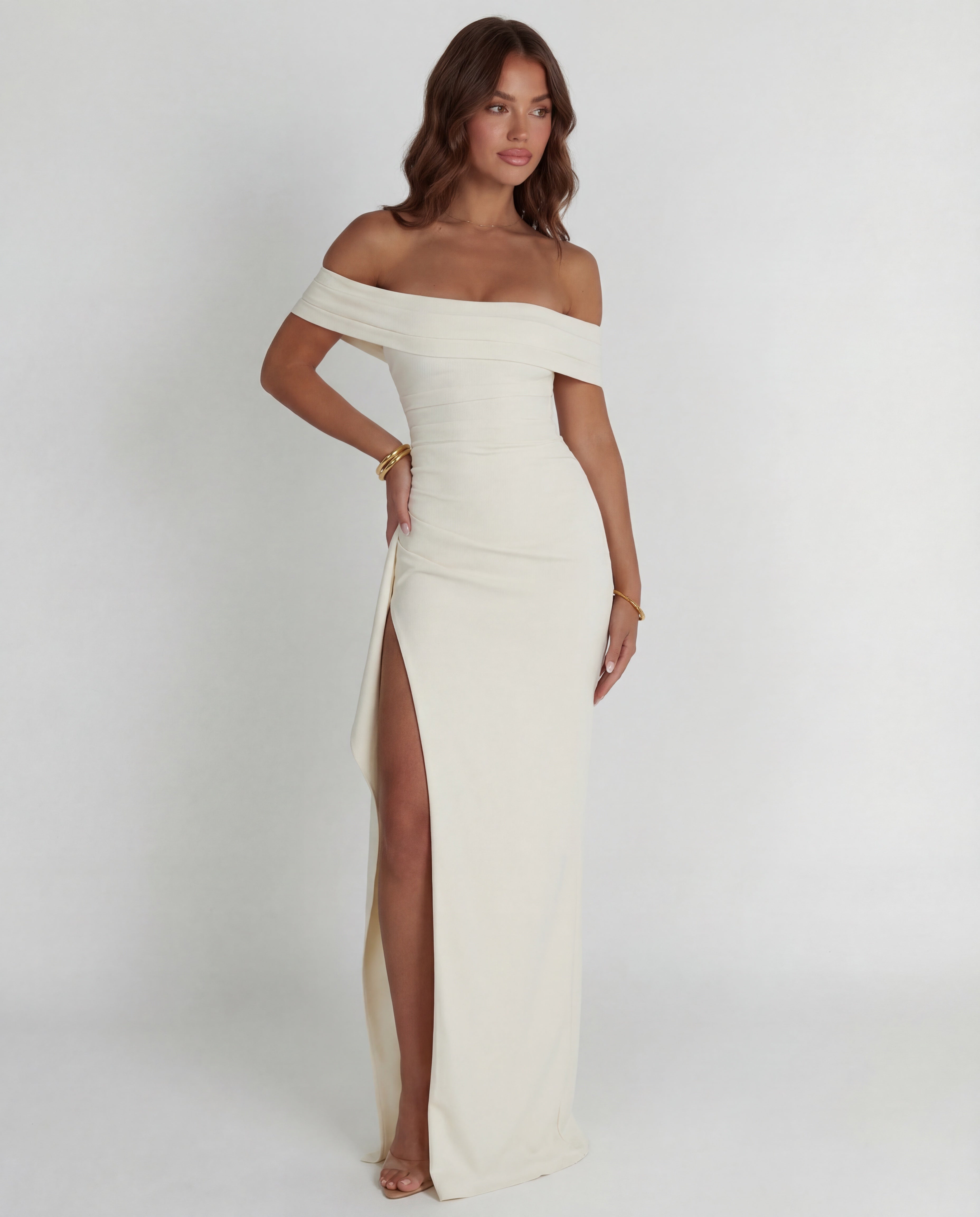 Off-shoulder ruched maxi dress | Bodycon formal evening gown
