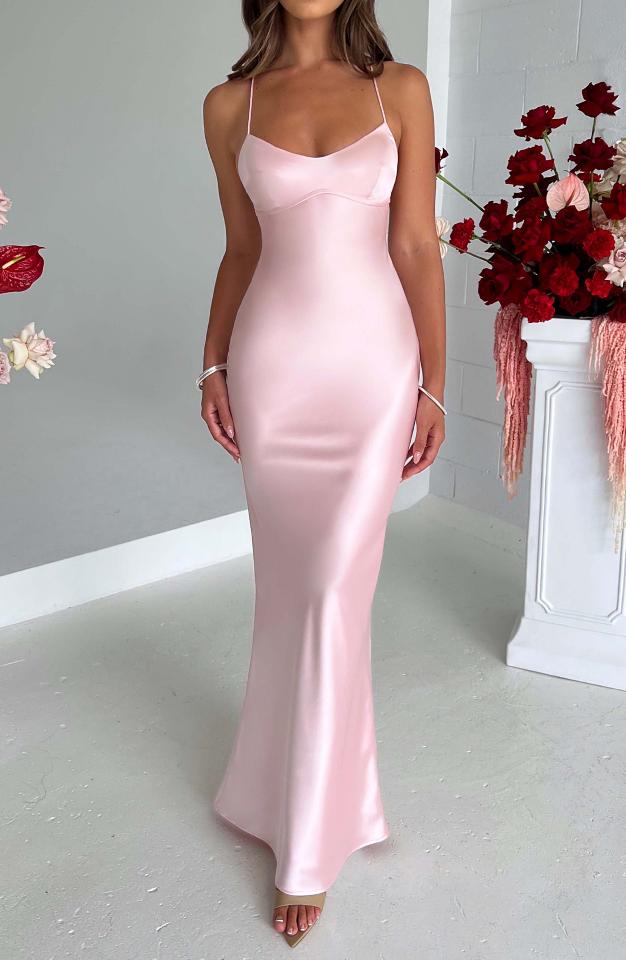 Satin Bias Cut Maxi Dress with Sweetheart Neckline and Lace Up Open Back