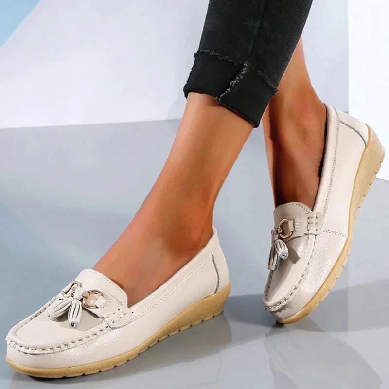 Women's casual leather shoes - flat slip-on loafers - daily walking