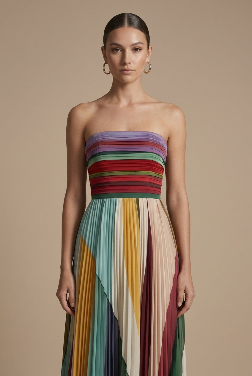 Strapless Striped Pleated Maxi Dress with Smocked Bodice and Asymmetric Hem