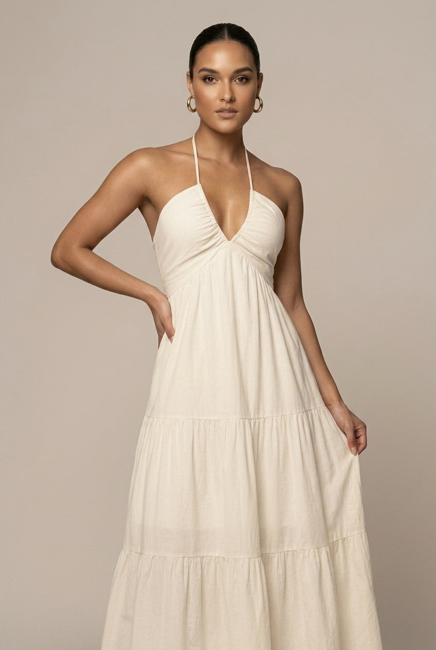 Women's Halter Neck Maxi Dress with Tiered Ruffle Skirt and Open Back Tie Waist