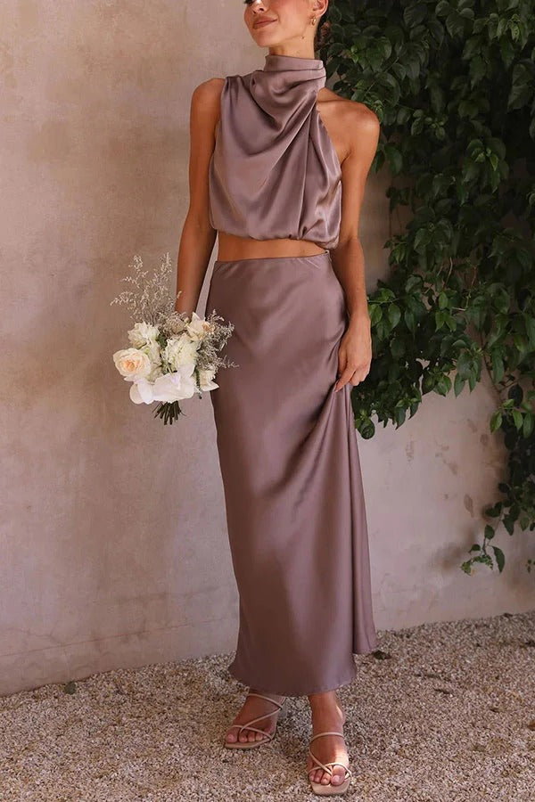 Women's halter neck two-piece set | flowing maxi skirt for formal events