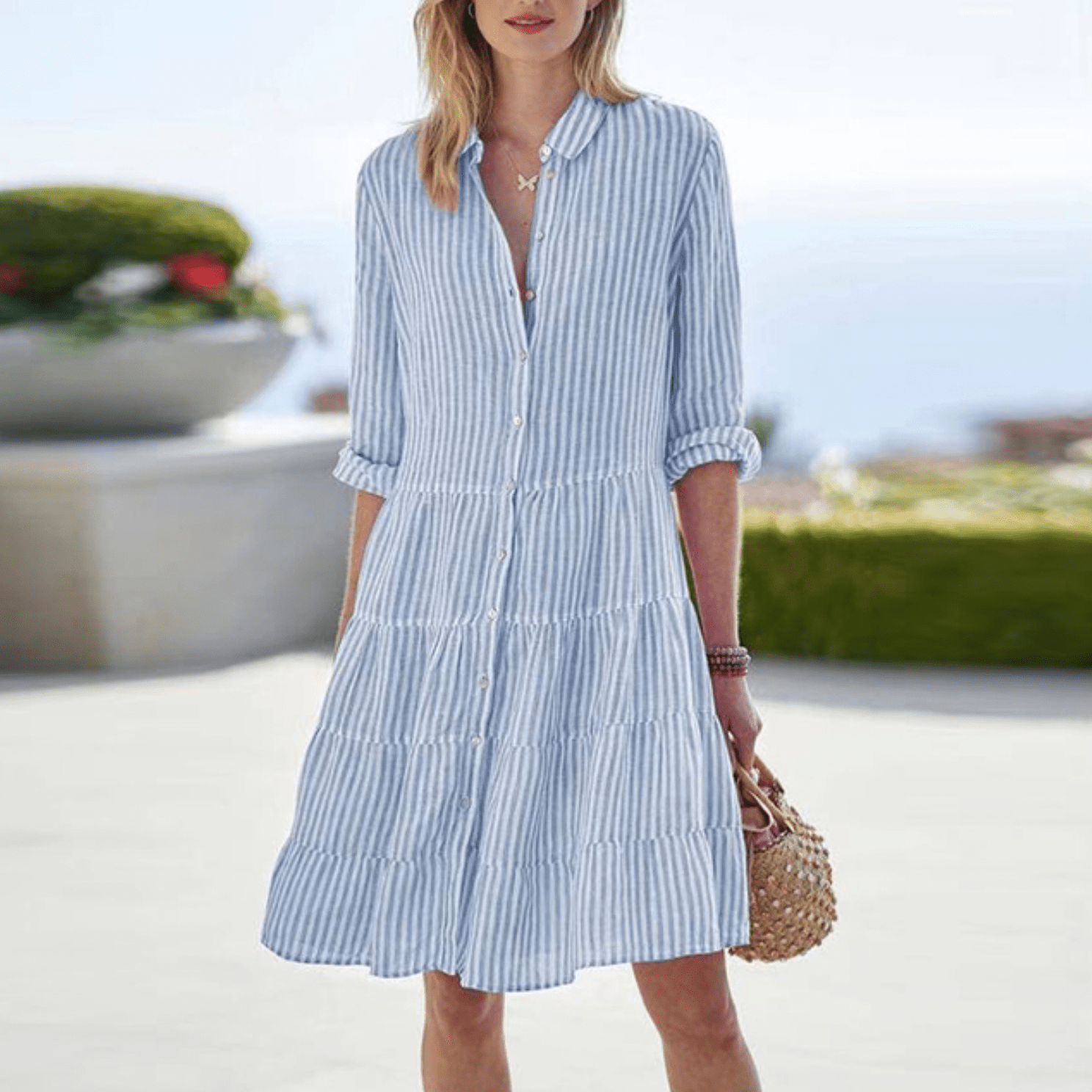 Striped A-line dress — button-up midi for summer vacation