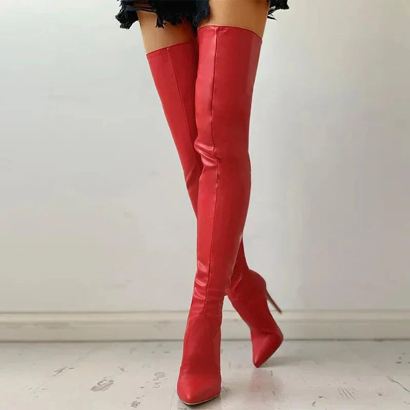 Women's Over The Knee Boots Faux Leather Stiletto Heel Pointed Toe Slim Fit Evening