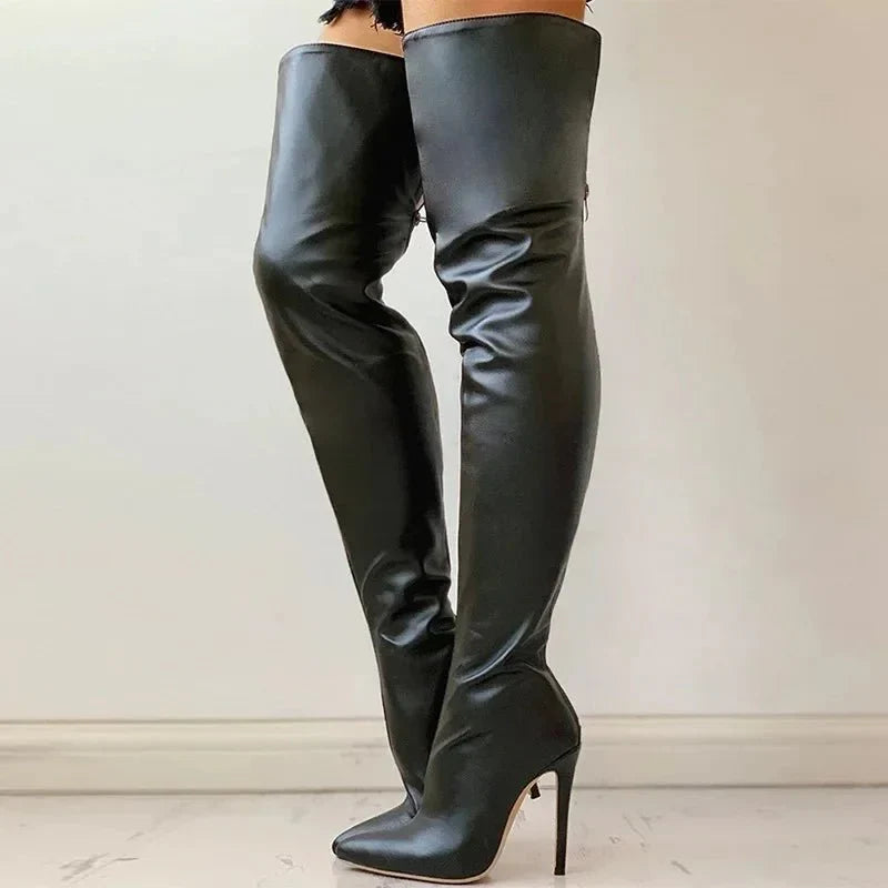 Women's Over The Knee Boots Faux Leather Stiletto Heel Pointed Toe Slim Fit Evening