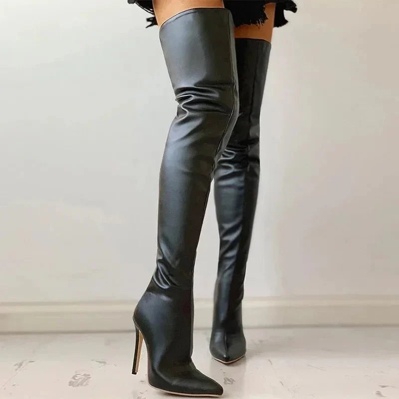 Women's Over The Knee Boots Faux Leather Stiletto Heel Pointed Toe Slim Fit Evening