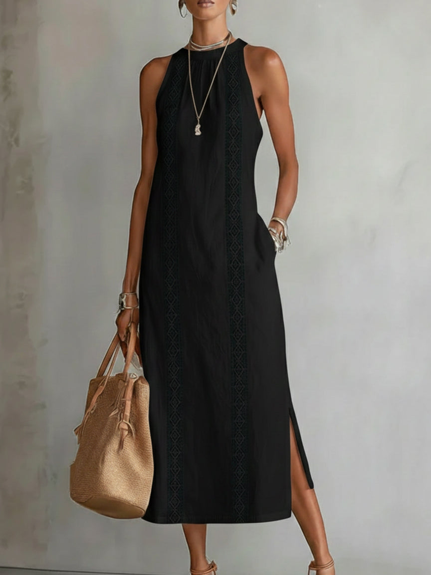 Women's embroidered midi dress | sleeveless round neck for daily occasions