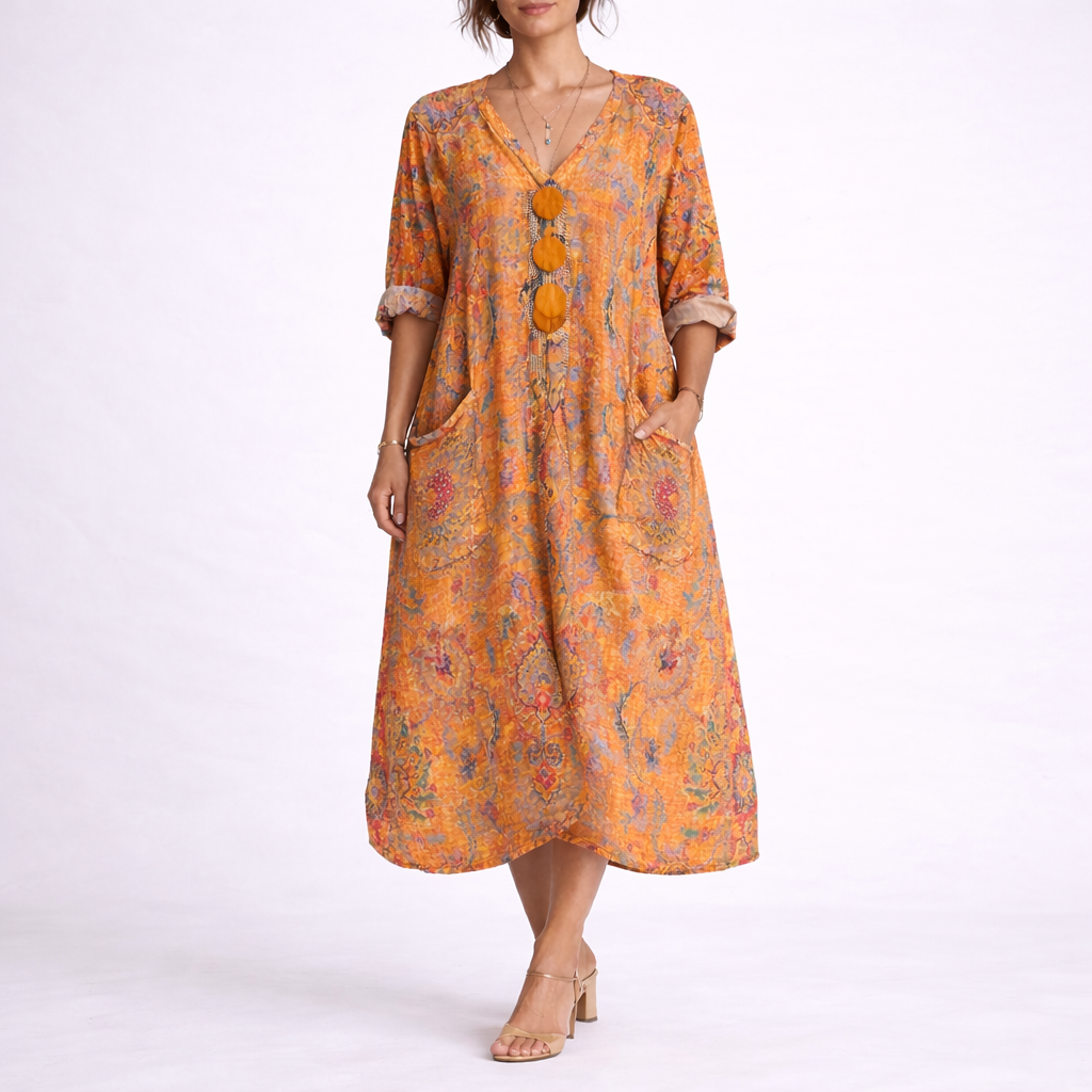 Printed V-Neck Maxi Kaftan Dress