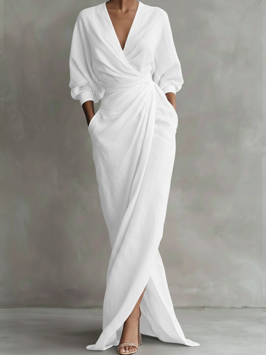 Women's Maxi Dress Linen Wrap V-Neck Long Sleeve Evening