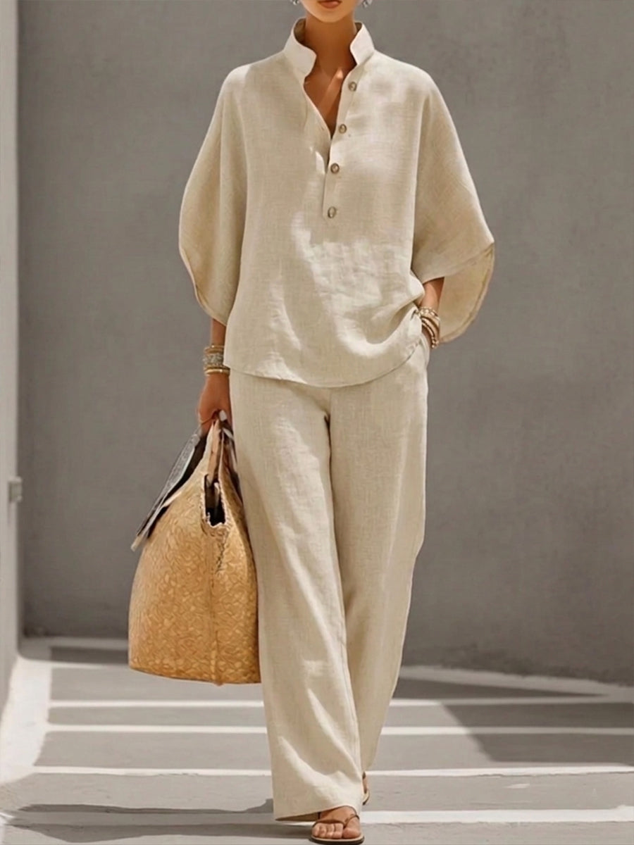 Women's 2-piece set - batwing sleeve top wide leg pants beach vacation