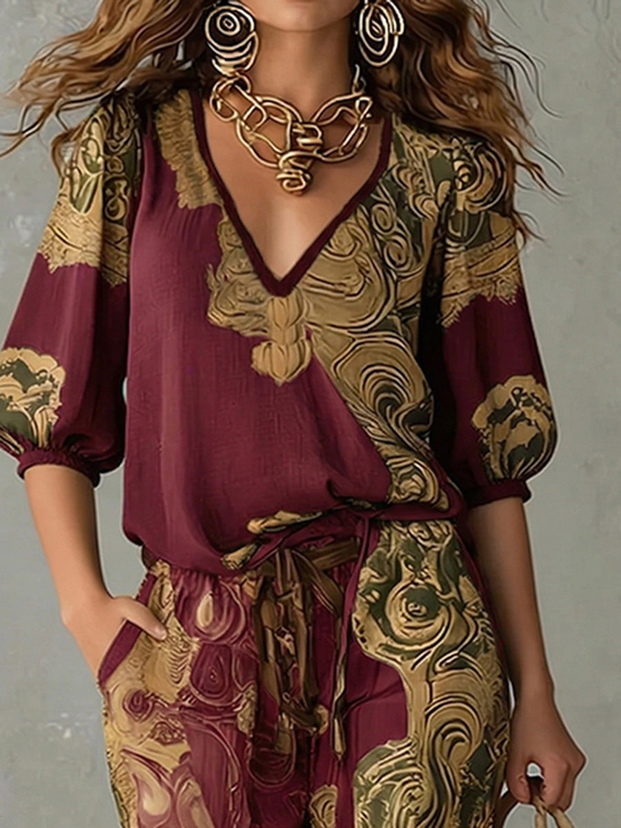 Women's Matching Set Linen Retro Printed V Neck Half Sleeve Everyday Casual