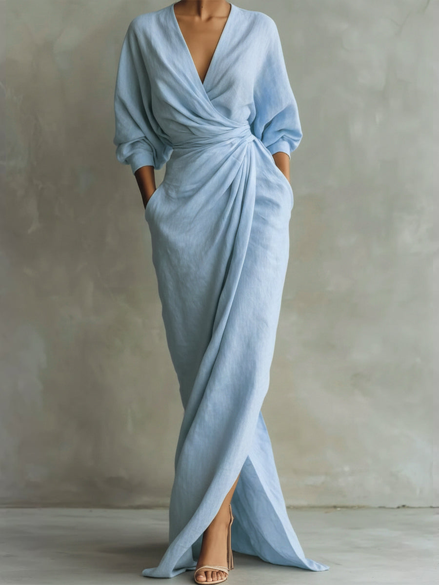 Women's Maxi Dress Linen Wrap V-Neck Long Sleeve Evening