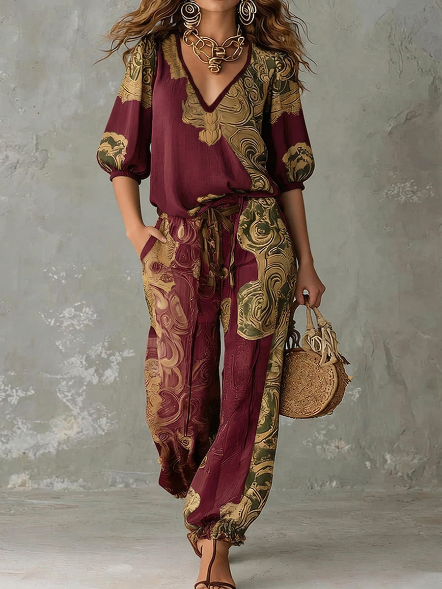 Women's Matching Set Linen Retro Printed V Neck Half Sleeve Everyday Casual