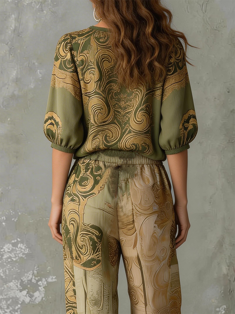 Women's Matching Set Linen Retro Printed V Neck Half Sleeve Everyday Casual