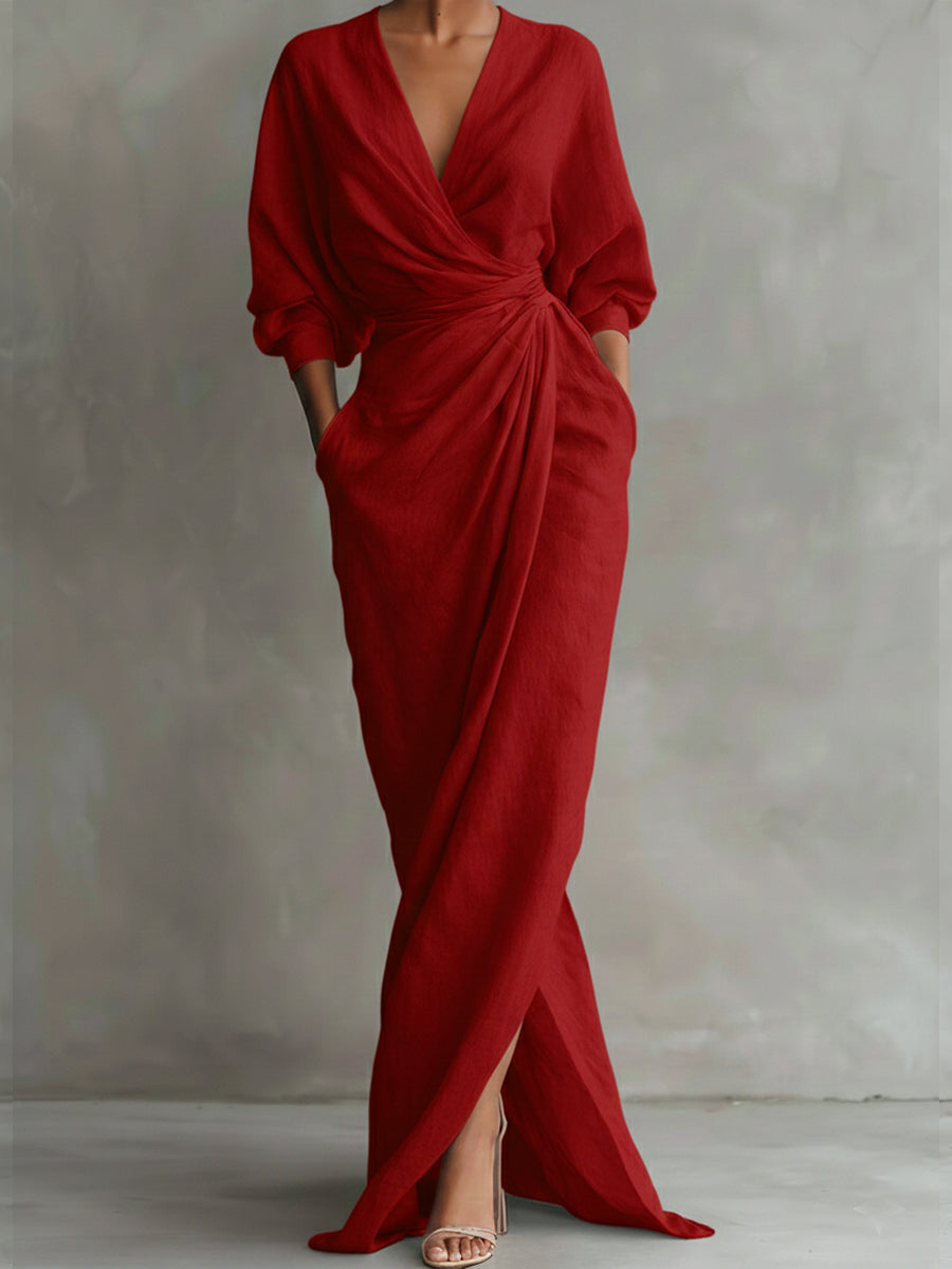 Women's Maxi Dress Linen Wrap V-Neck Long Sleeve Evening