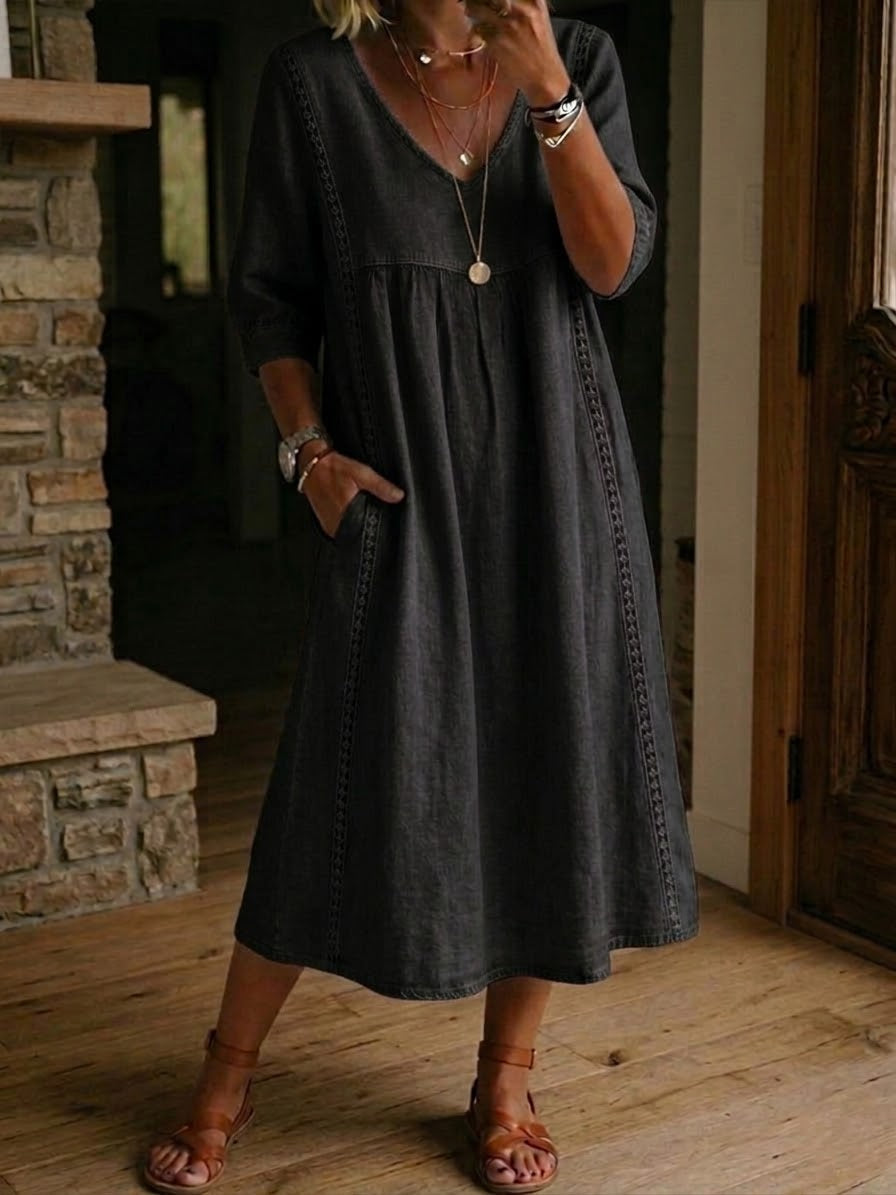 Women's loose patchwork gown - breathable maxi length with lace details