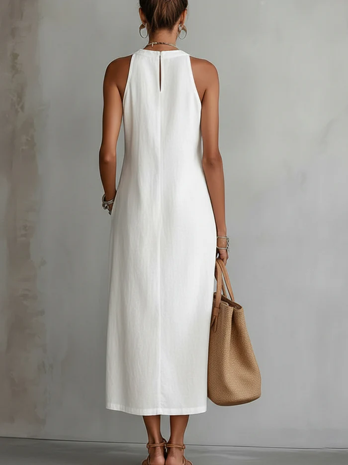 Sleeveless Mandarin Collar Midi Dress
