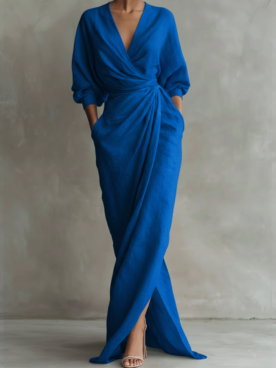 Women's Maxi Dress Linen Wrap V-Neck Long Sleeve Evening