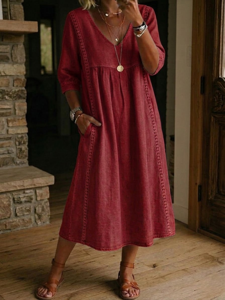 Women's loose patchwork gown - breathable maxi length with lace details