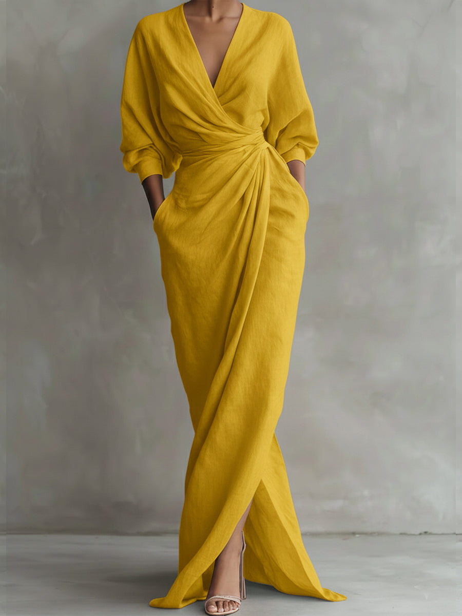 Women's Maxi Dress Linen Wrap V-Neck Long Sleeve Evening