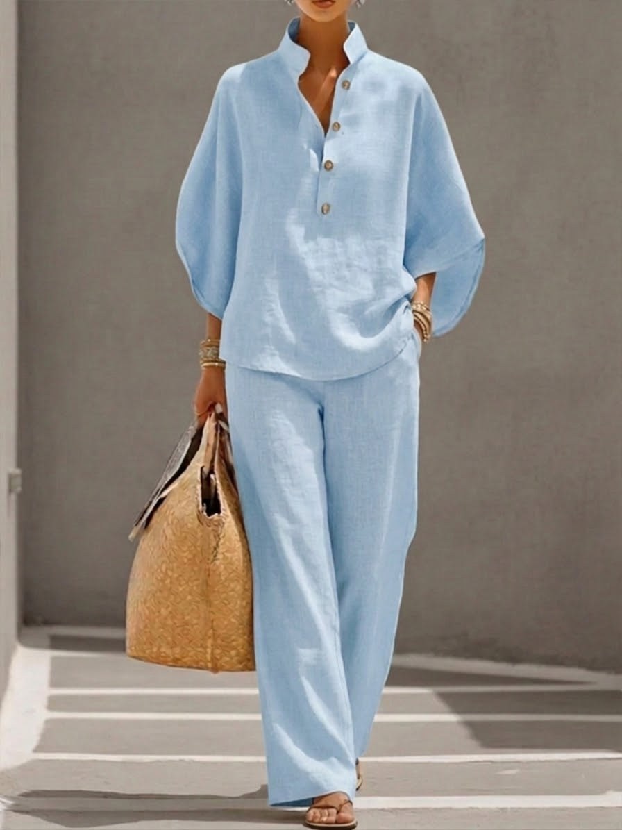 Women's 2-piece set - batwing sleeve top wide leg pants beach vacation
