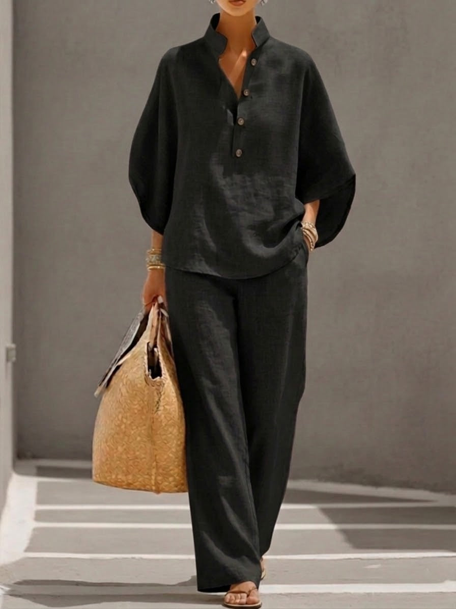 Women's 2-piece set - batwing sleeve top wide leg pants beach vacation