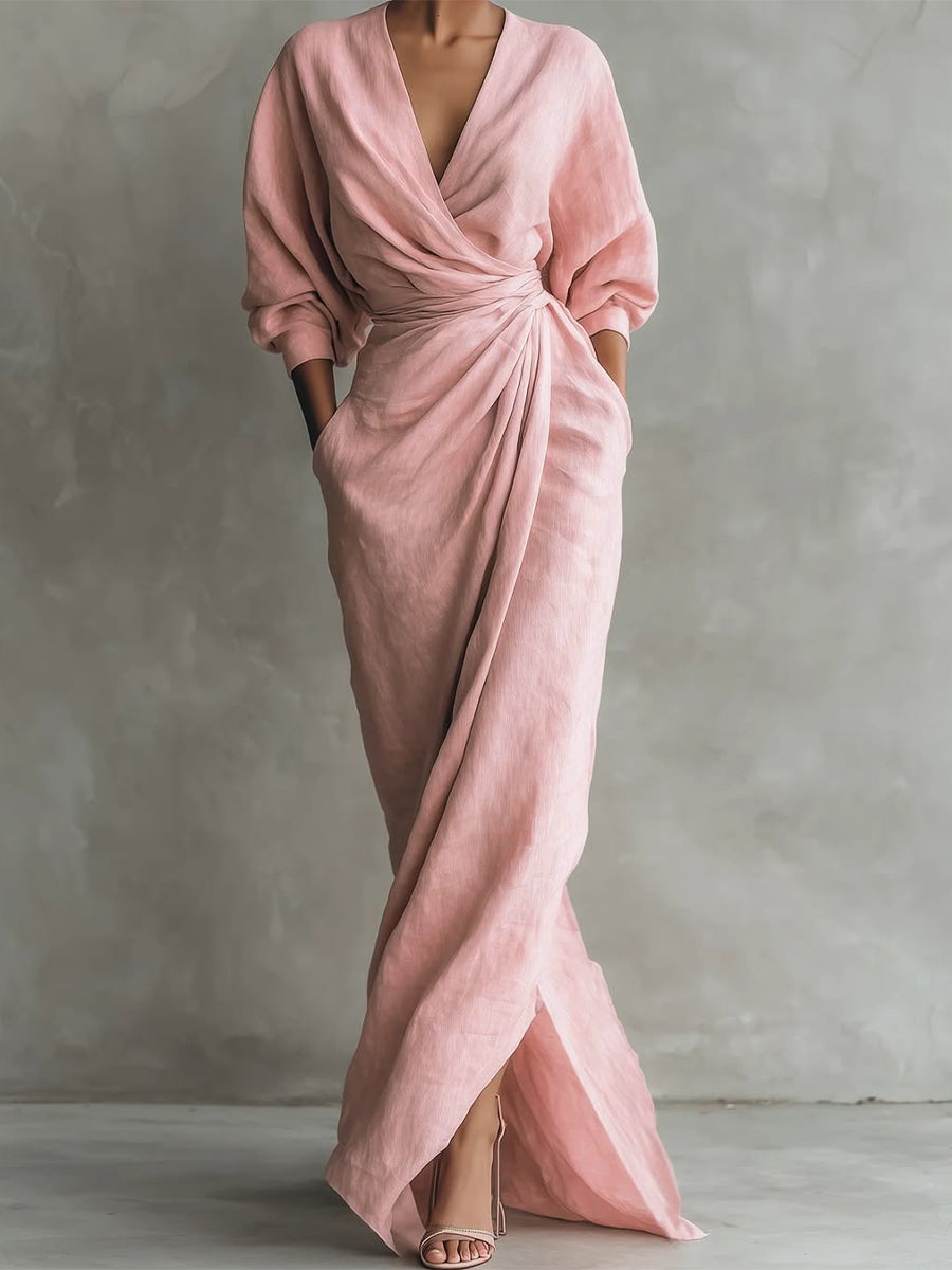 Women's Maxi Dress Linen Wrap V-Neck Long Sleeve Evening