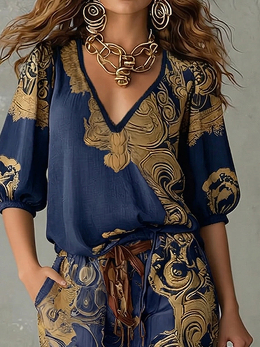 Women's Matching Set Linen Retro Printed V Neck Half Sleeve Everyday Casual